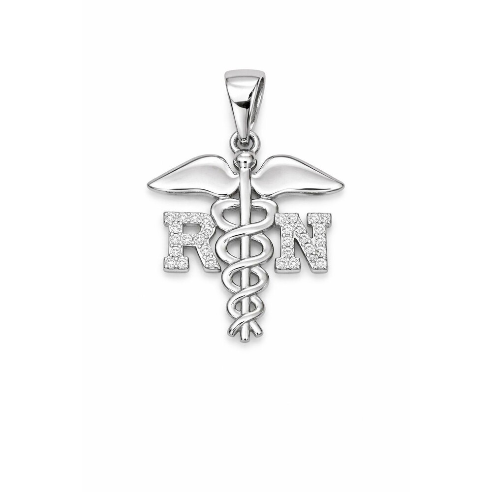 925 Sterling Silver CZ Nurse RN Caduceus Symbol Pendant